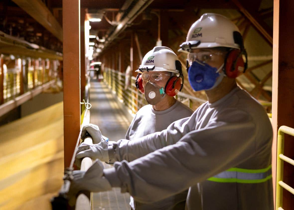 two men with hard hats and respirators standing inside loading facility in port santos saopaulo 1033