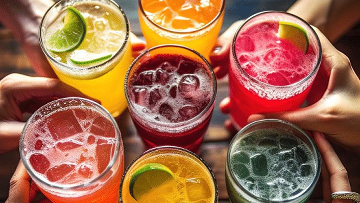 Top-down view of multiple brightly colored beverages made from naturally derived colors