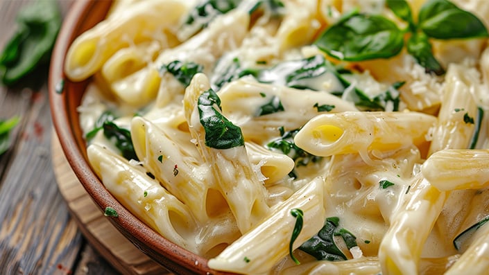 C30 Penne pasta dish with cream sauce and basil