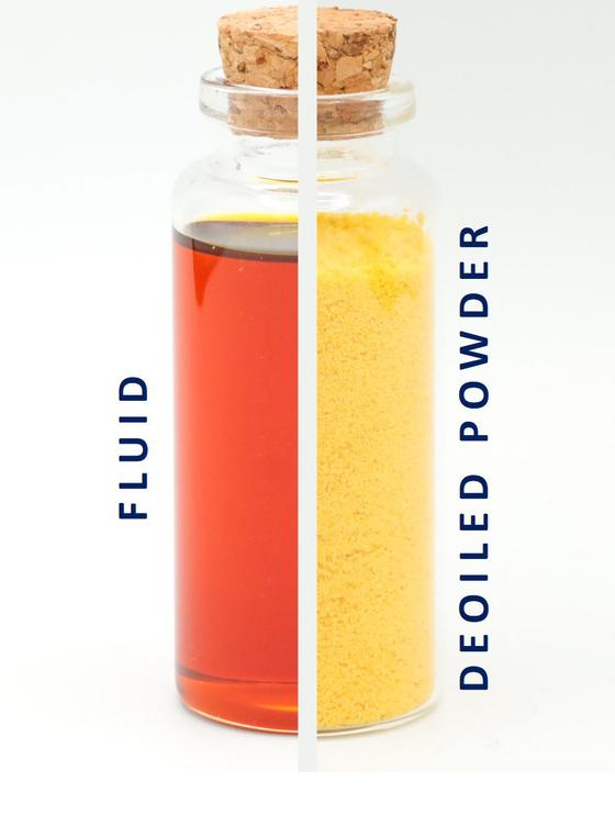 A photo of Lecithin on one side as a fluid and Deoiled Lecithin as a solid